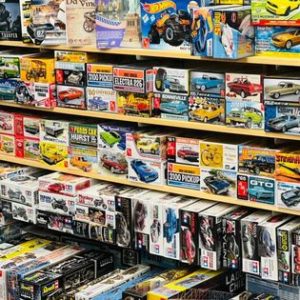 Selection of plastic models. Cars, boats, and planes.