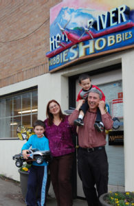 Miko, Zed, DC, and Connor in front of Hood River Hobbies